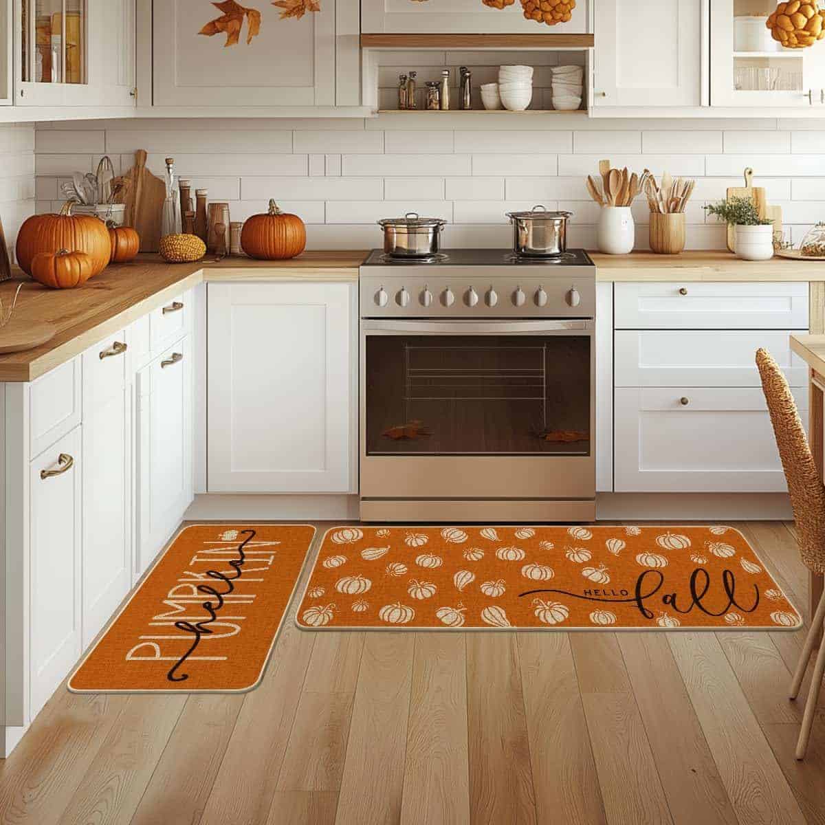 Pumpkin-themed fall kitchen decor with cheerful doormats and autumn accents for cozy seasonal home and parenting inspiration.