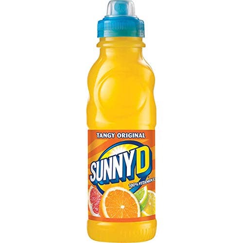 A plastic bottle of SunnyD Tangy Original juice with citrus fruit images on the label and a blue sports cap.