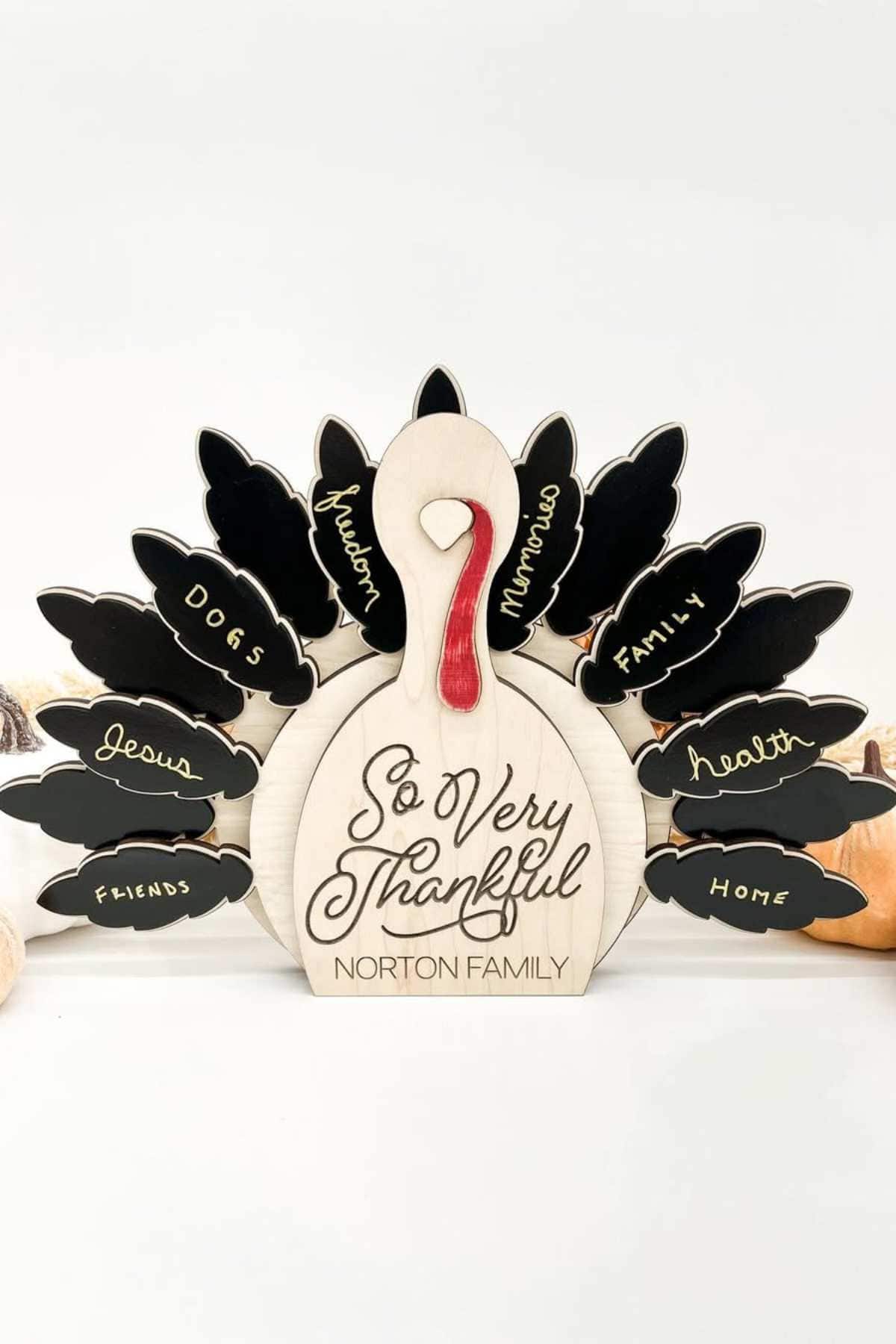 A wooden turkey decoration with chalkboard feathers lists things to be thankful for, including dogs, memories, family, health, home, friends, and Jesus.
