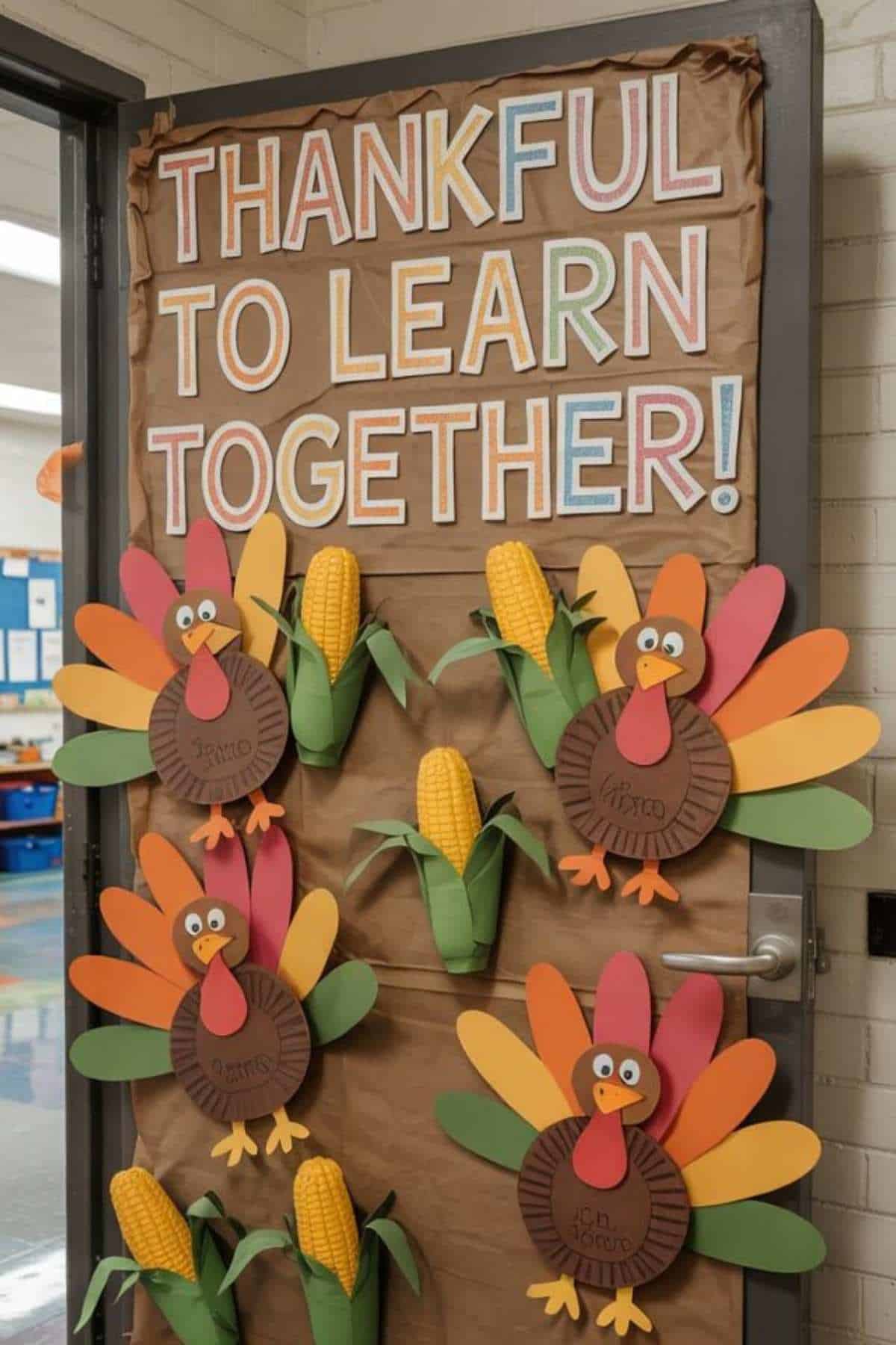 Classroom door decorated with paper turkeys and corn, displaying the message “Thankful to Learn Together!” in large letters.