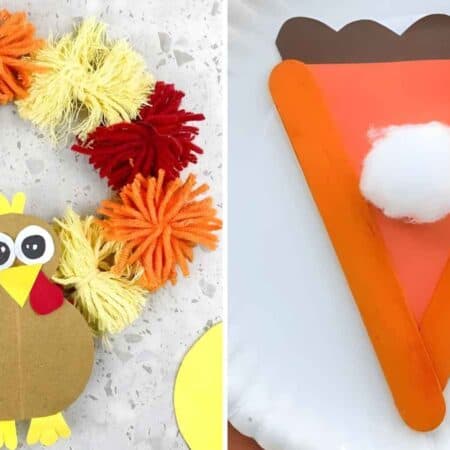 Two Thanksgiving crafts: a wreath made of red, orange, and yellow yarn with a paper turkey, and a slice of pumpkin pie made from orange sticks and a cotton ball on a plate.