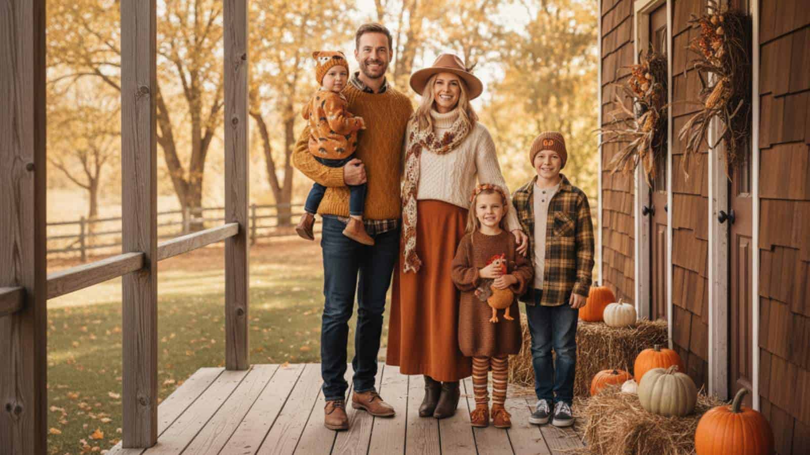 A family of five stands on a porch decorated with pumpkins and autumn decor, dressed in fall-themed clothing, with trees and a wooden fence visible in the background.