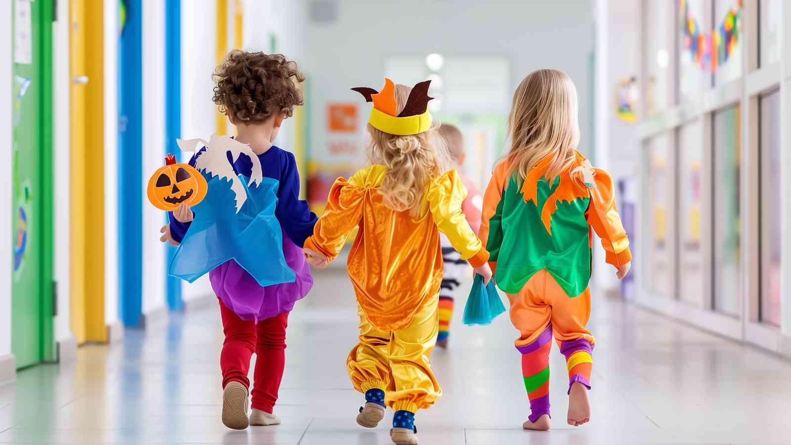 Three young children in colorful Halloween costumes walk down a hallway, holding hands, seen from behind.