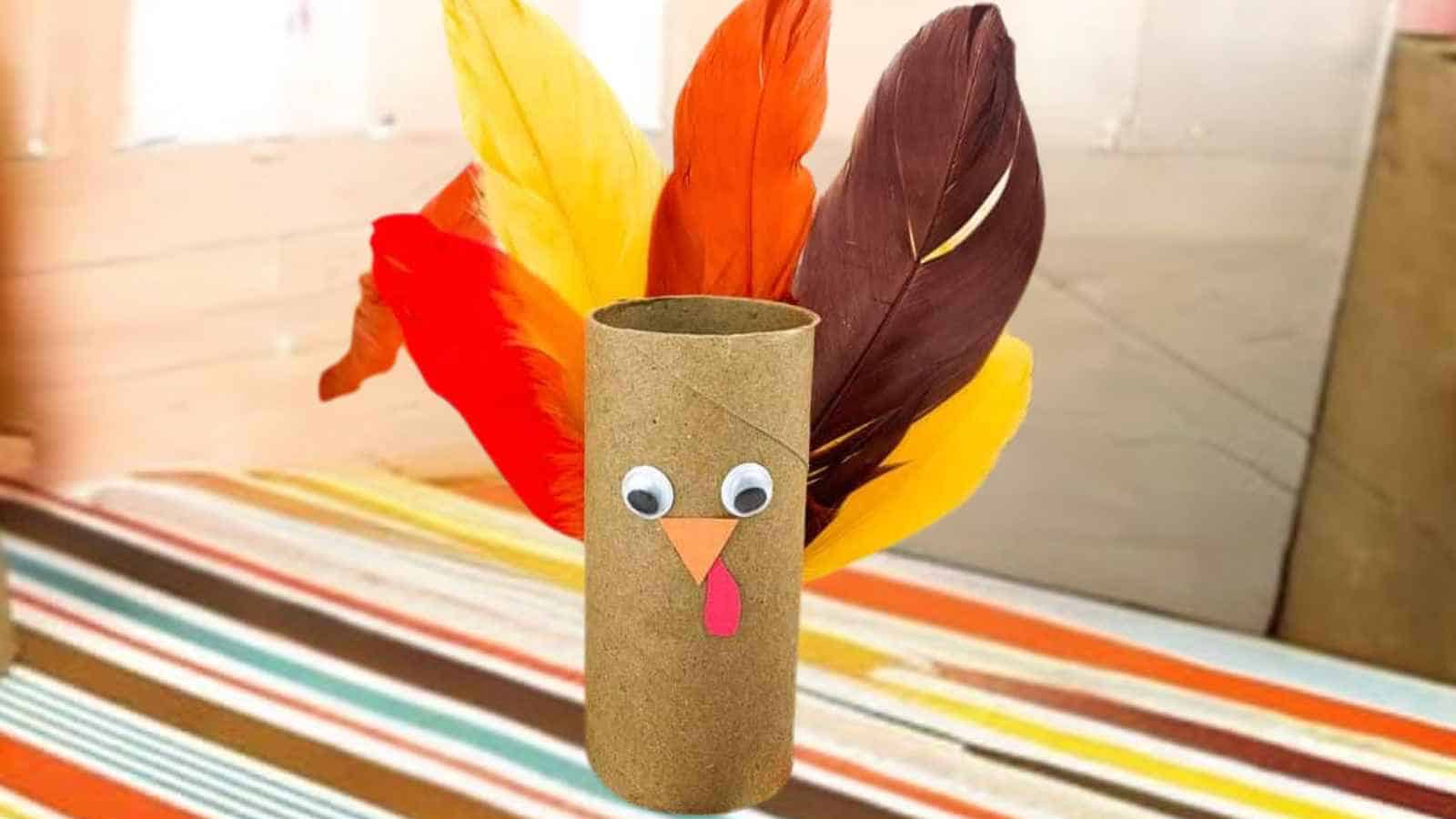 A turkey craft made from a cardboard tube, with colorful feathers and googly eyes, sits on a striped surface.