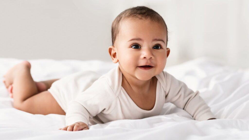 A baby wearing a light-colored onesie lies on its stomach on a white bed, looking forward with a neutral expression.
