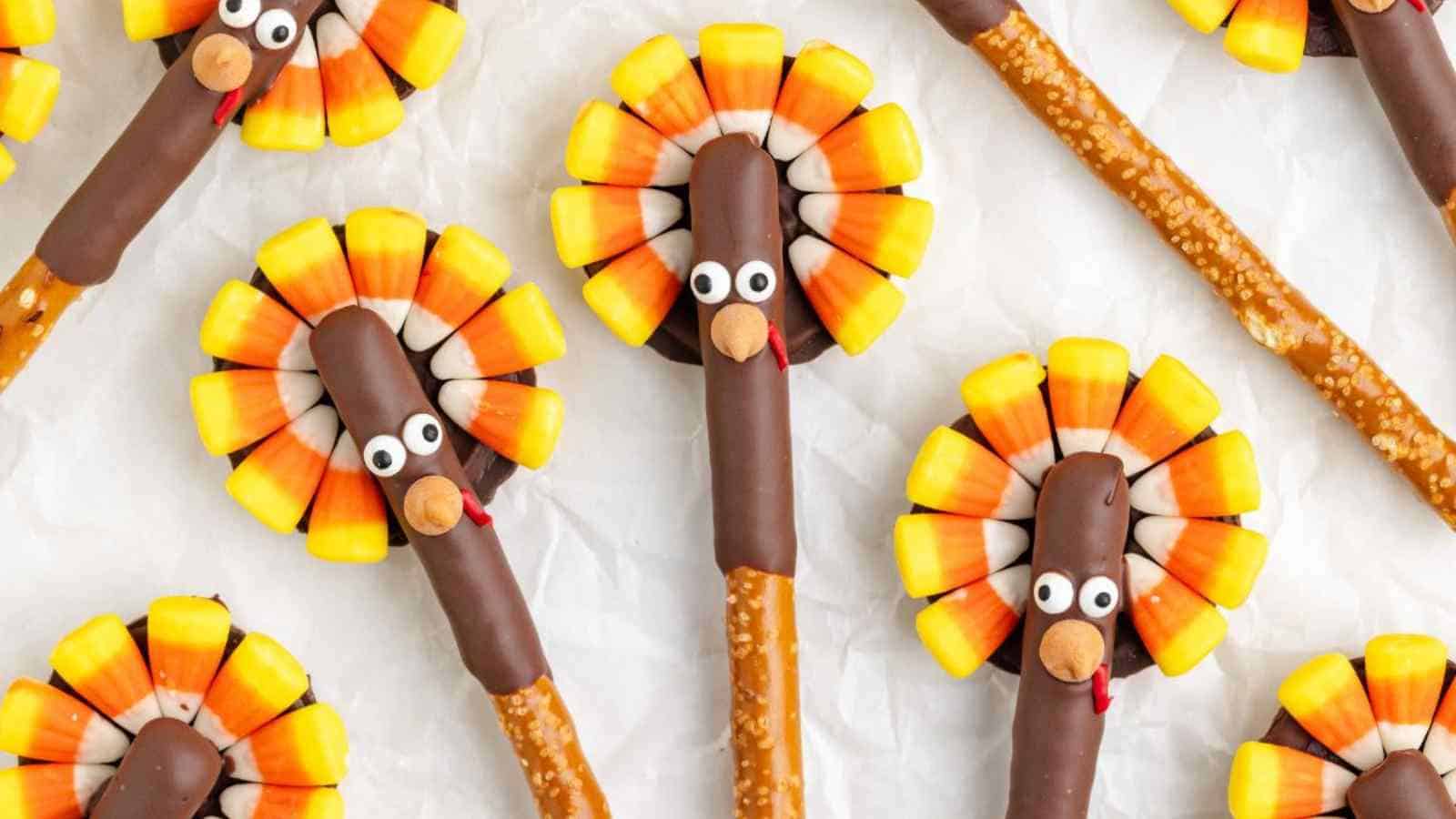 Pretzel sticks dipped in chocolate are decorated with candy corn, candy eyes, and red icing to resemble turkeys, arranged on a white surface.
