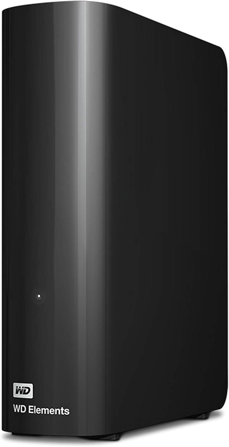 A black WD Elements external hard drive is standing vertically against a white background.