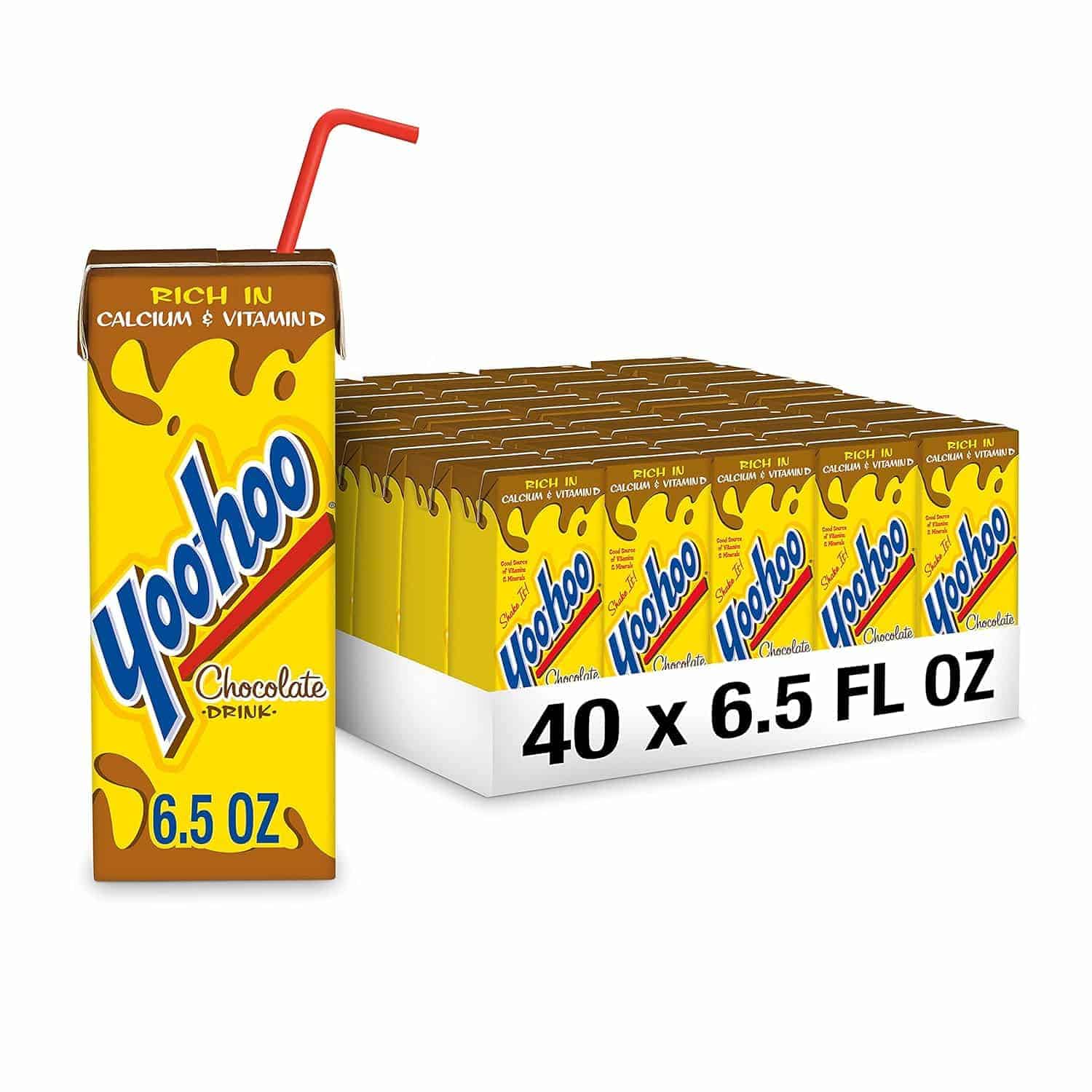 A 6.5 fl oz Yoo-hoo chocolate drink box with a red straw is shown next to a 40-pack case of identical Yoo-hoo boxes.