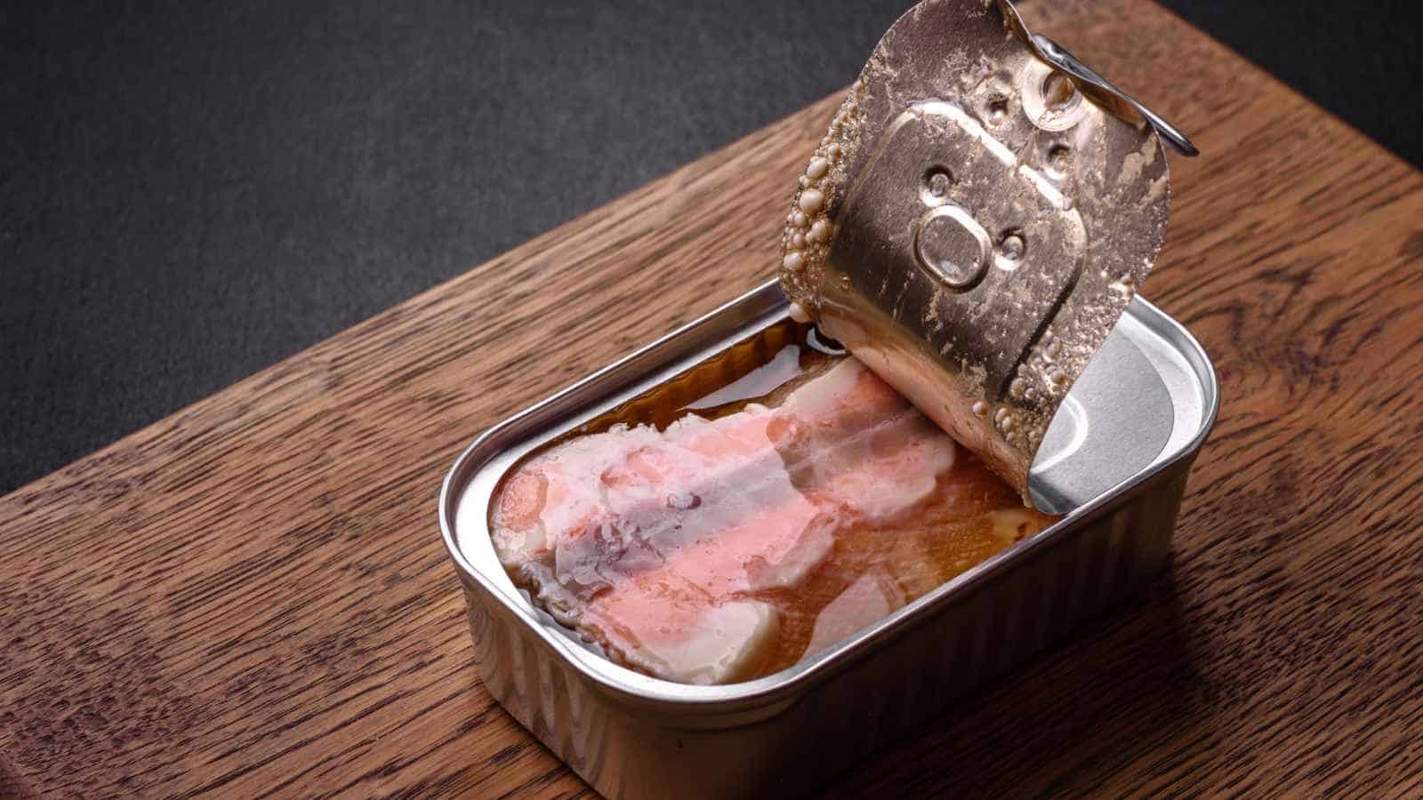 An open tin can containing fish in oil is placed on a wooden surface.