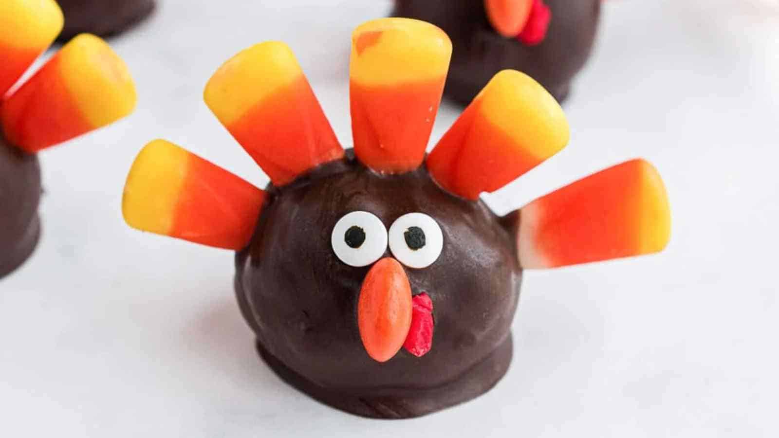 A chocolate-covered treat decorated to look like a turkey with candy corn feathers, candy eyes, and an orange candy beak.