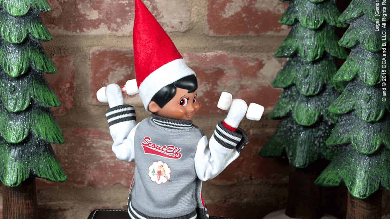 A dark-haired elf doll in a red hat and gray jacket is lifting small dumbbells, standing between two artificial pine trees against a brick background.