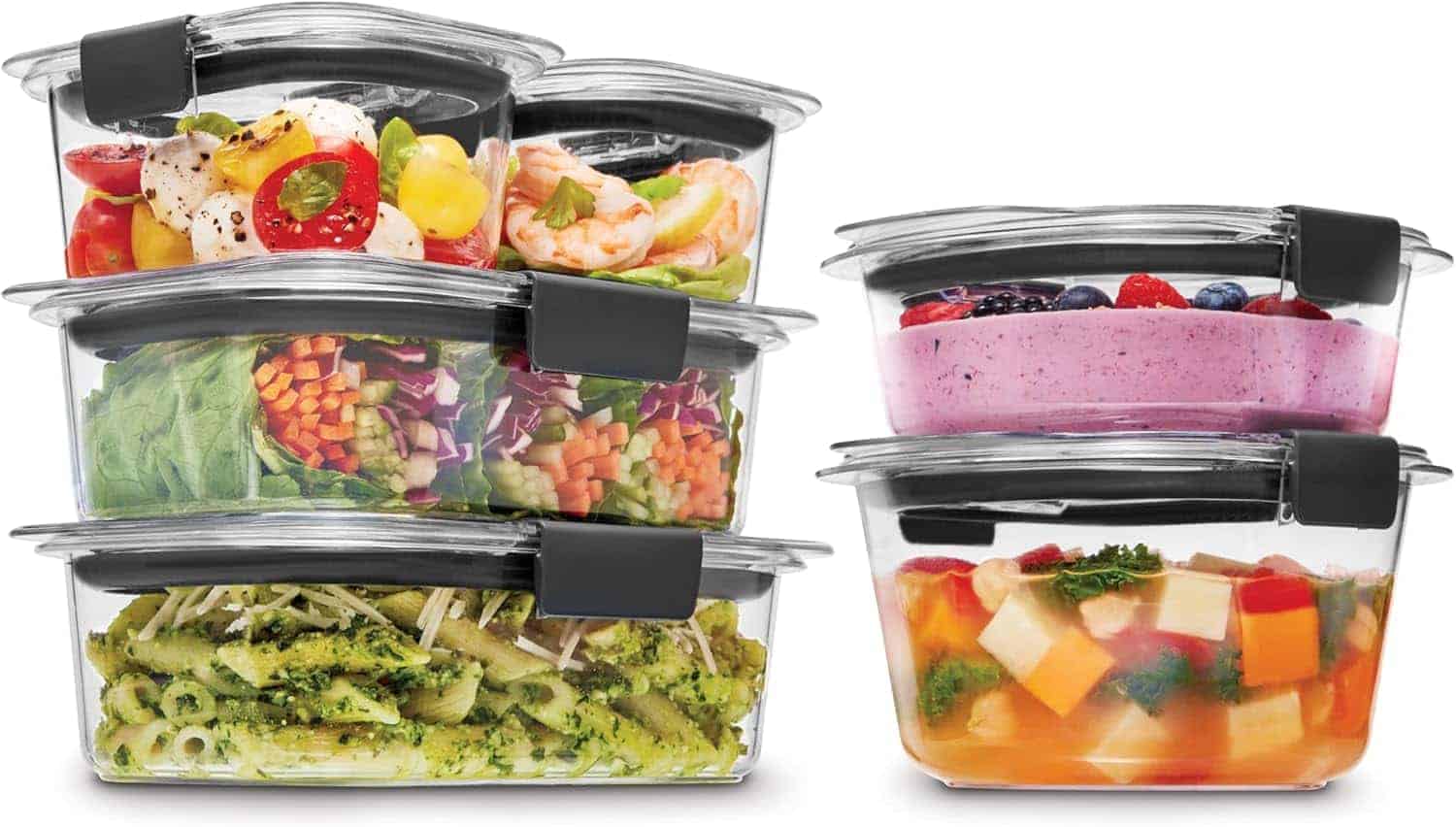Six clear, stackable food containers filled with various foods including salad, pasta, shrimp, yogurt with berries, and fruit, all sealed with black-latched lids.