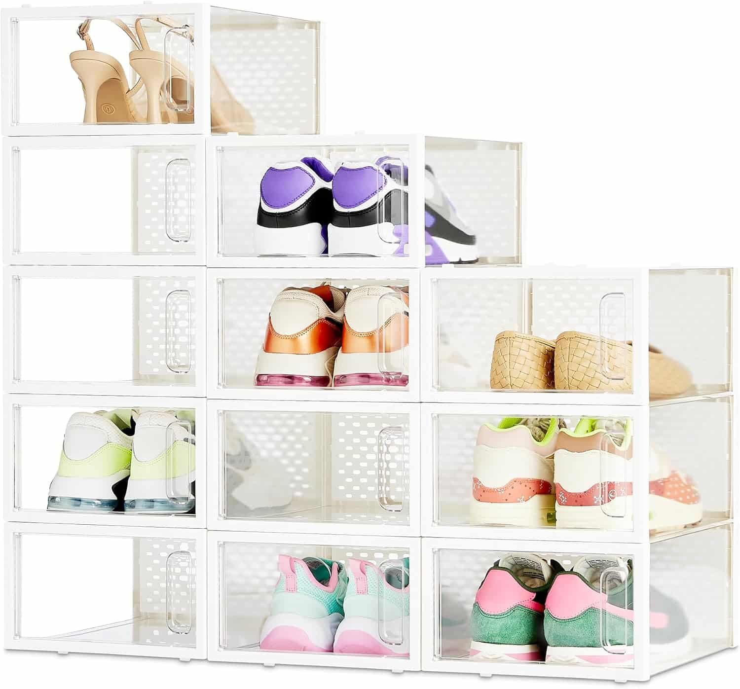A stepped arrangement of white plastic shoe storage boxes containing various pairs of heels, sneakers, and woven shoes.