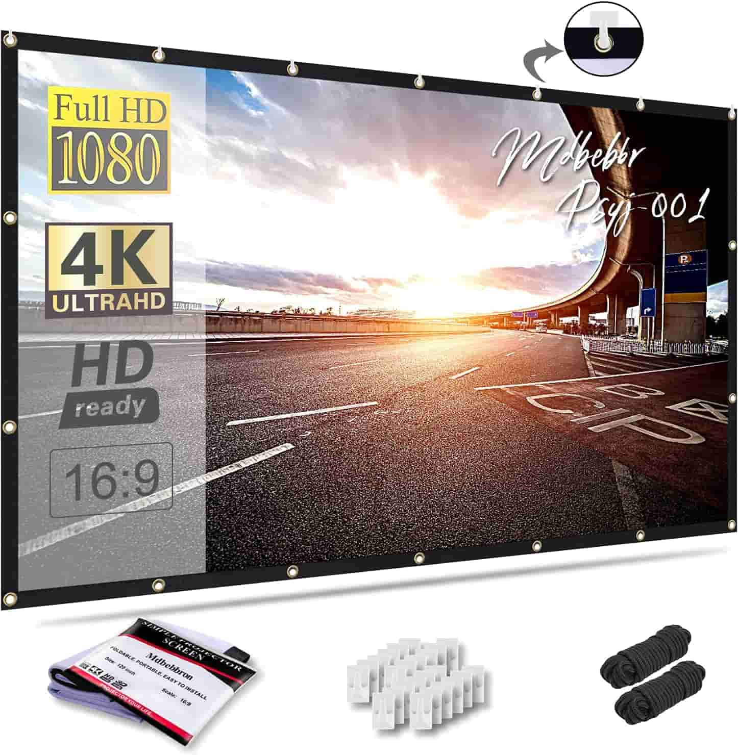Projector screen kit with image of a road and sky, featuring Full HD 1080, 4K Ultra HD, HD Ready, 16:9; includes ropes, hooks, wall plugs, and storage bag.