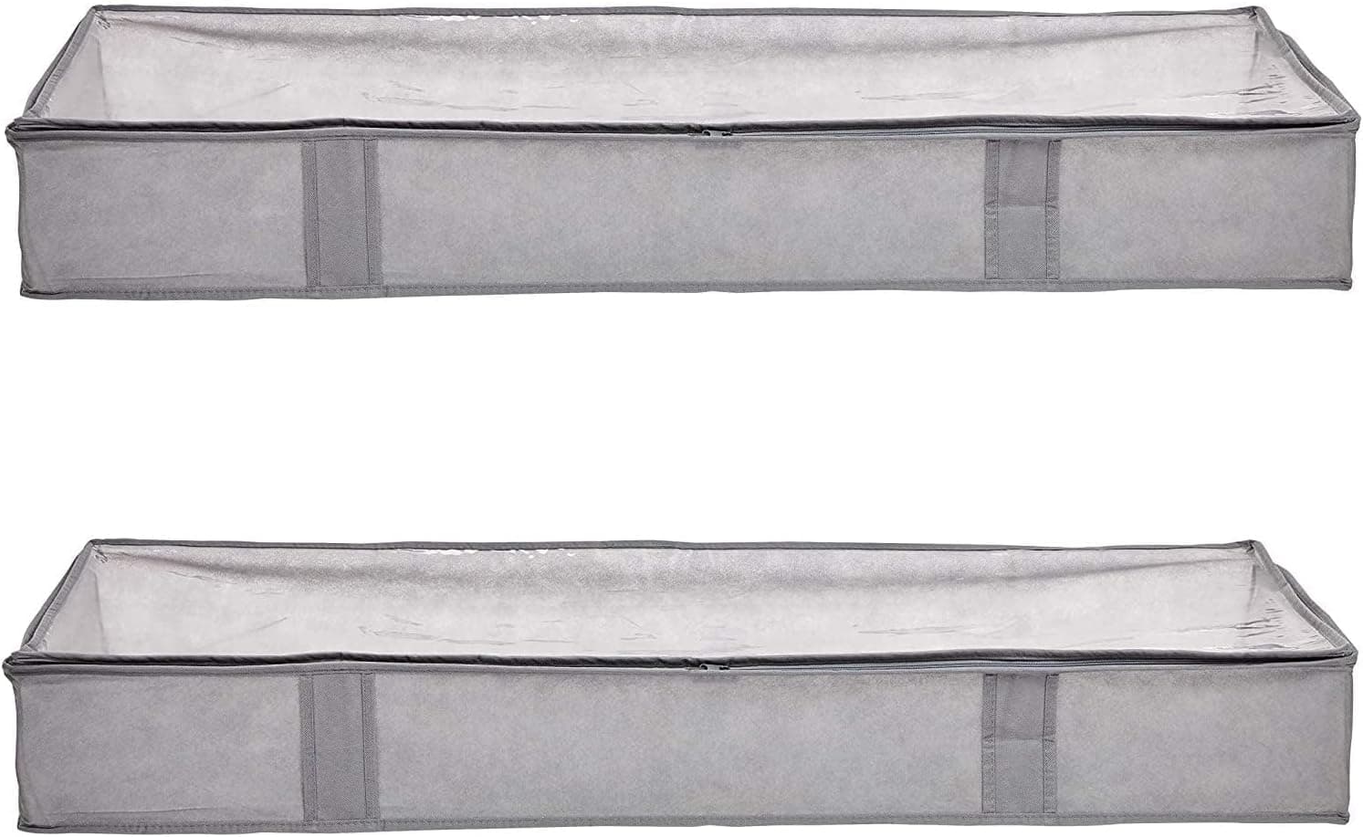 Two rectangular, grey fabric storage containers with transparent tops are stacked one above the other against a white background.