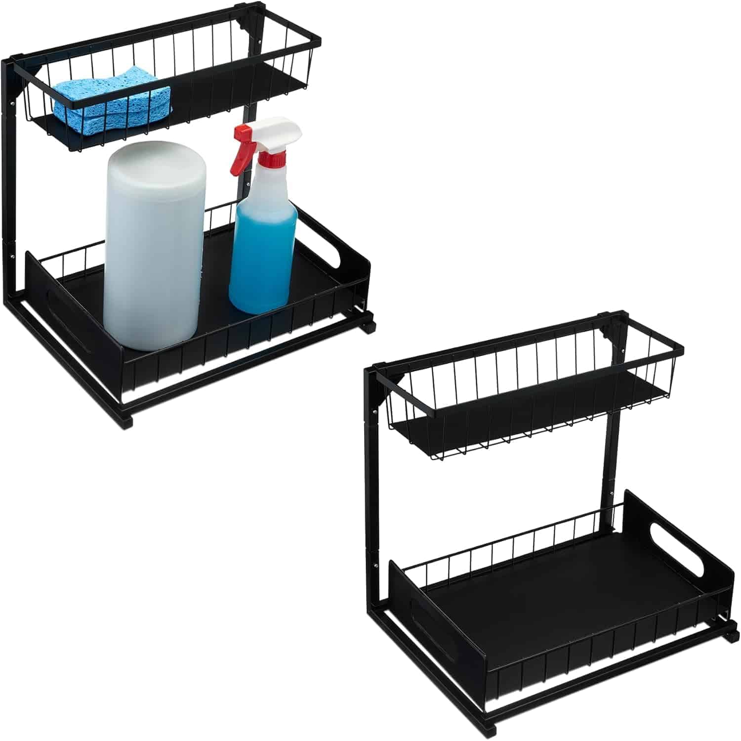Two black metal storage racks are shown, one holding a spray bottle, a canister, and sponges, and the other empty. Both have an upper and lower shelf.