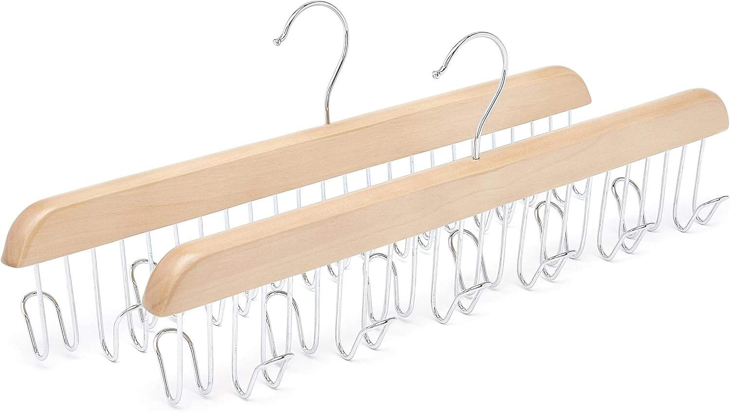 Two wooden hangers with metal hooks and multiple hanging loops for organizing accessories like belts or scarves.