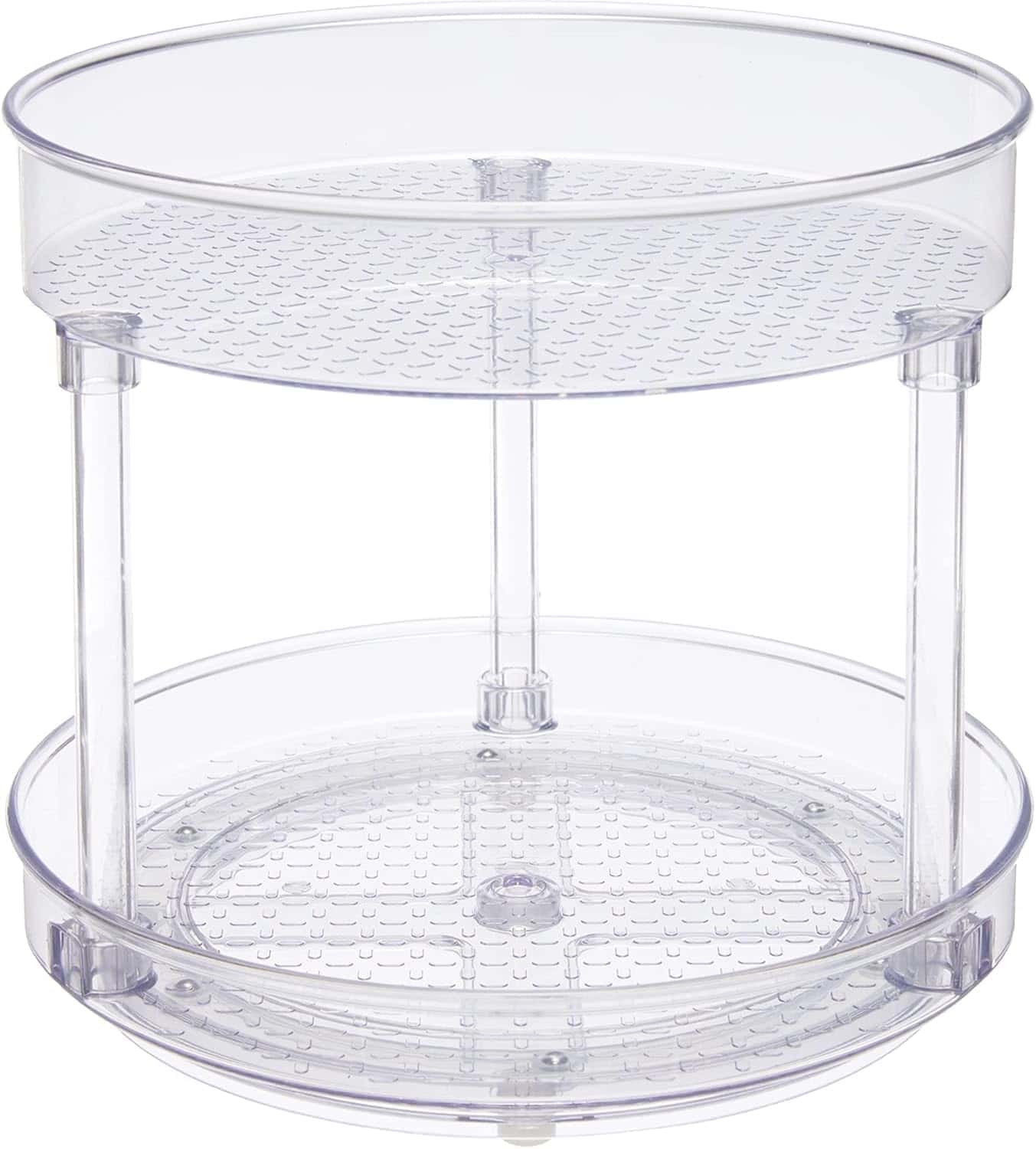 Clear two-tiered plastic turntable organizer with perforated shelves, supported by three vertical rods, used for storage and easy access.