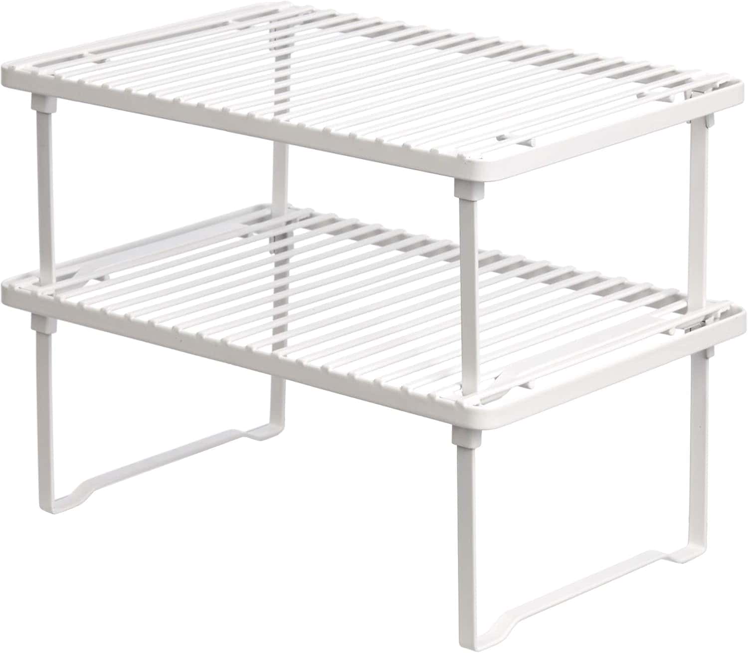 A white, two-tier metal shelf rack with slatted surfaces and four legs, designed for organizing items in kitchens or closets.