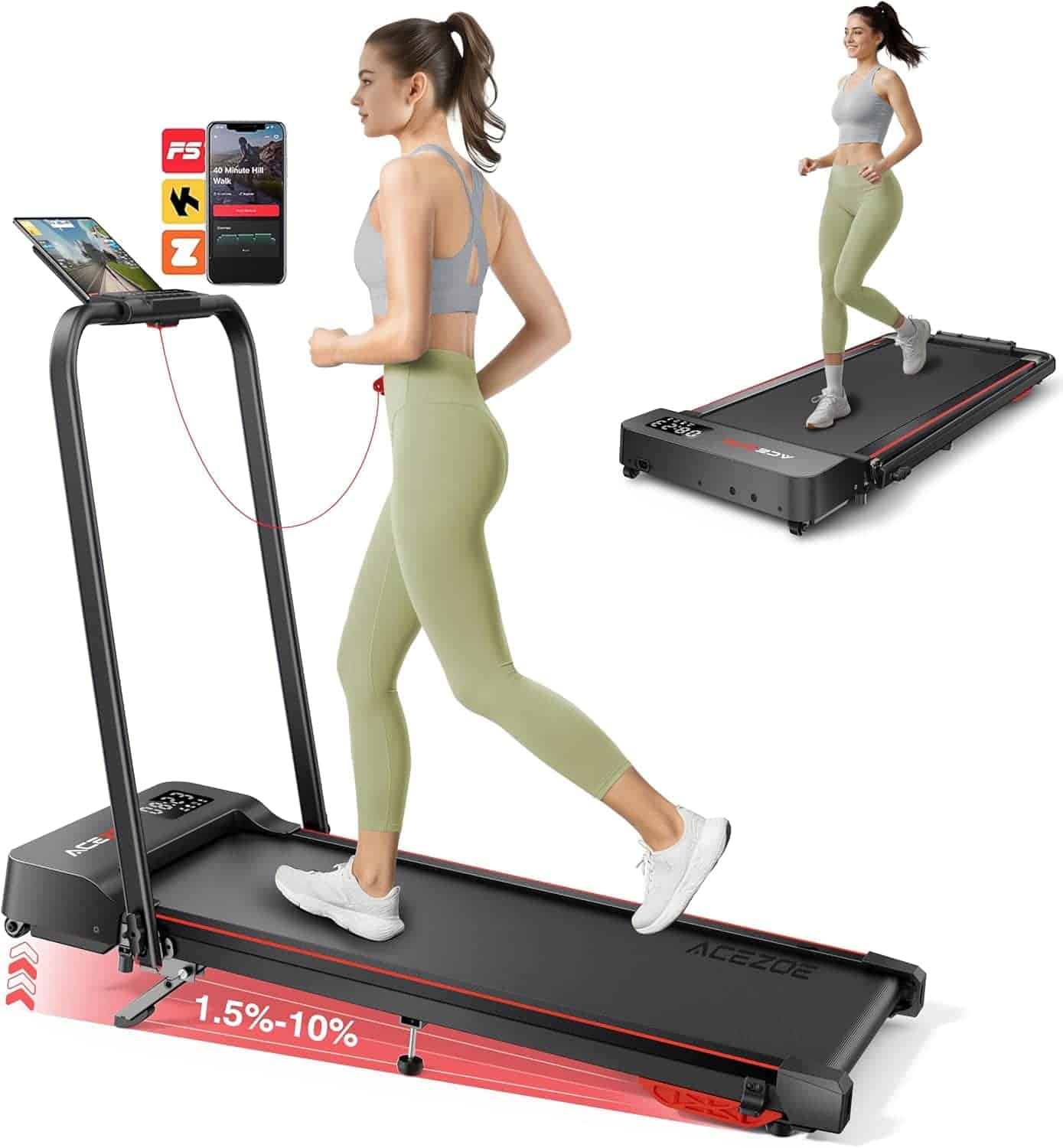 A woman runs on a black and red treadmill with an incline feature, phone holder, and screen; a folded treadmill is shown in the background.