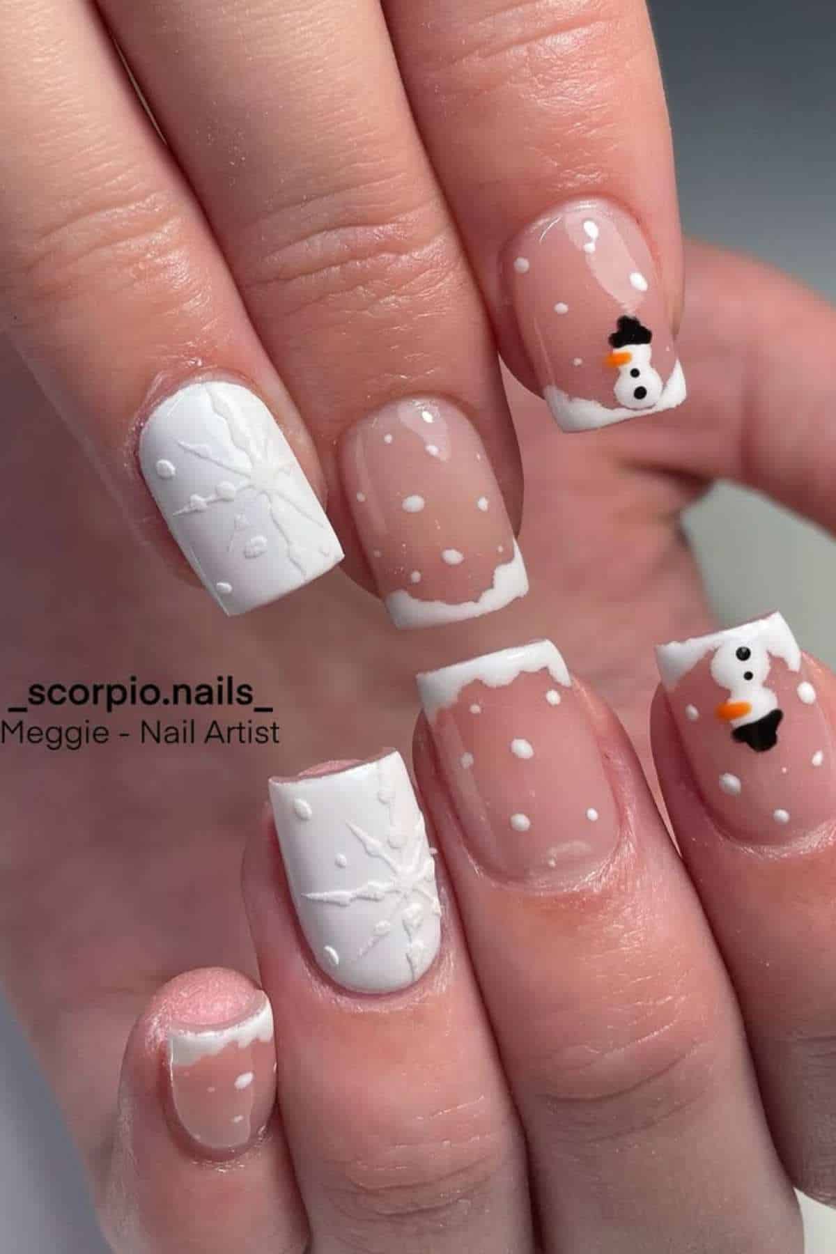 A hand with winter-themed nail art featuring white snowflakes, polka dots, and snowmen on a natural pink base.