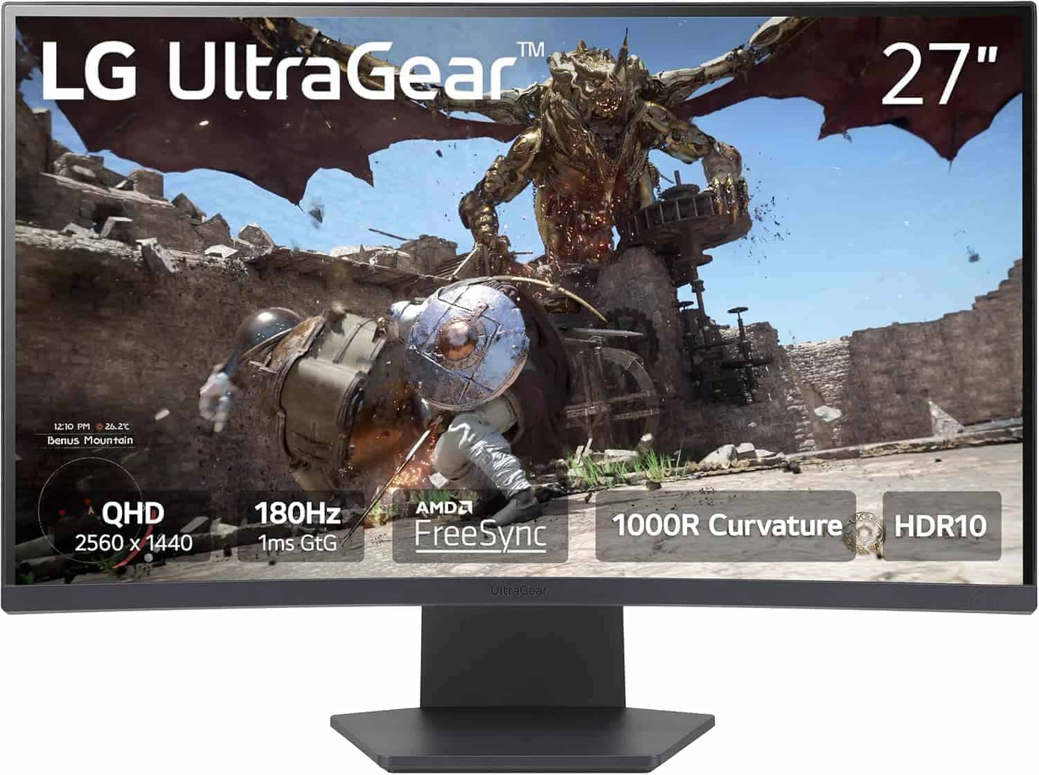 A curved LG UltraGear 27-inch gaming monitor displays a scene with a dragon and a knight; specs include QHD, 180Hz, 1ms, FreeSync, 1000R Curvature, and HDR10.