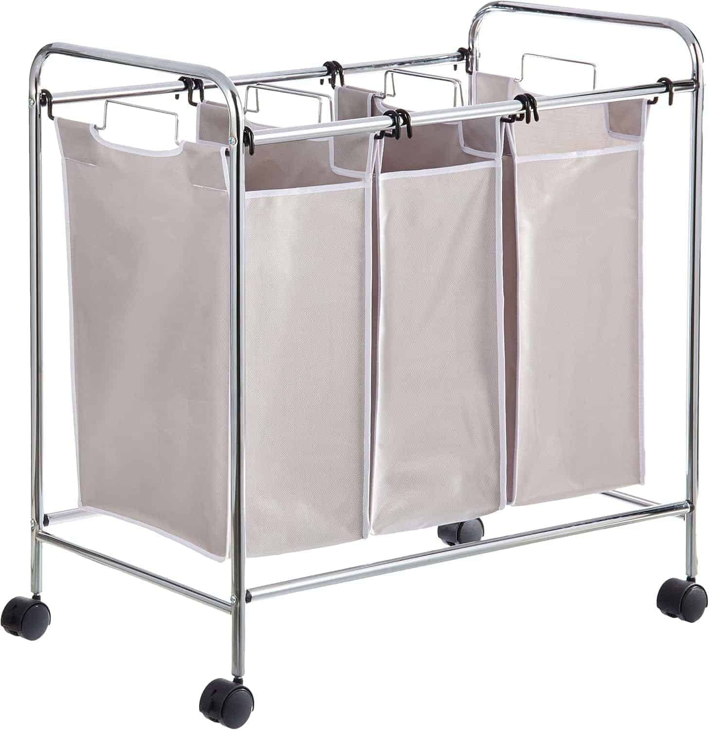 A three-compartment laundry sorter with beige fabric bags, supported by a metal frame on four black caster wheels.