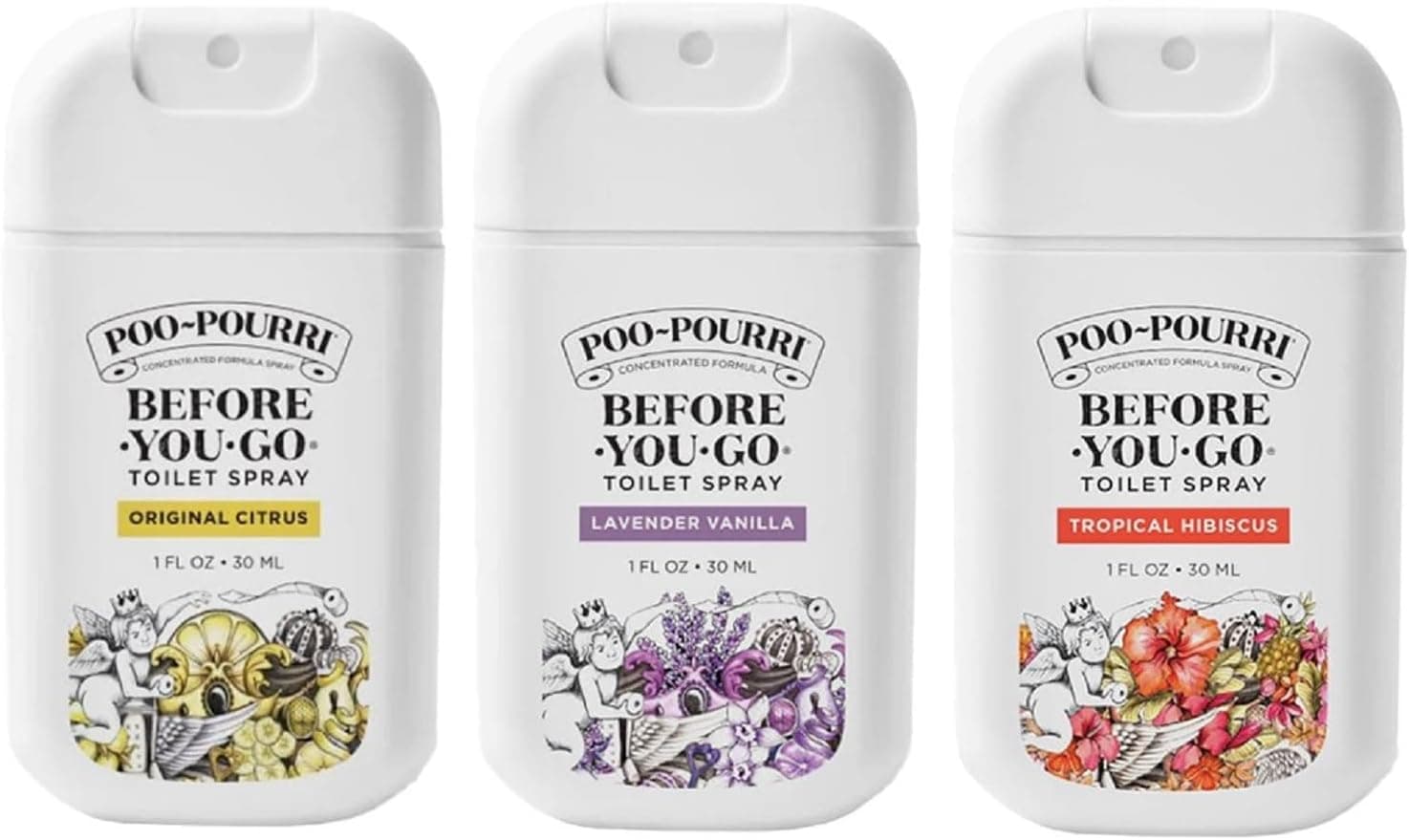 Three bottles of Poo-Pourri toilet spray in Original Citrus, Lavender Vanilla, and Tropical Hibiscus scents are shown side by side.