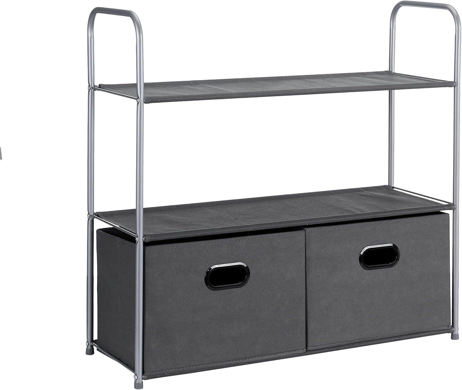 A two-tier metal shelf unit with a fabric top shelf and two black pull-out storage bins on the bottom.