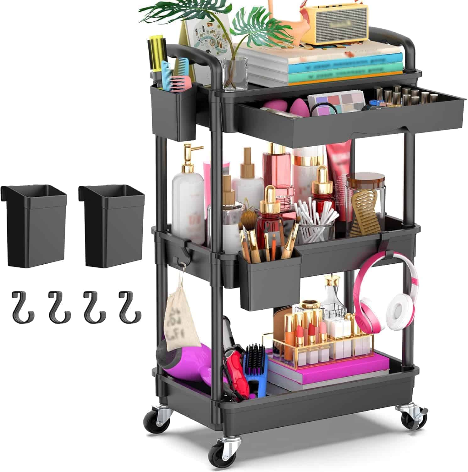 A three-tier rolling cart filled with cosmetics, books, and accessories, with additional hooks and holders attached to the sides.