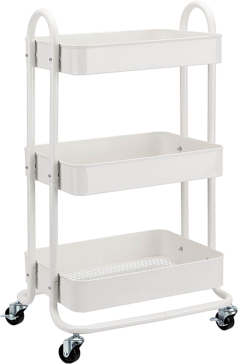A three-tier white utility cart with metal baskets and four caster wheels, designed for storage and easy mobility.