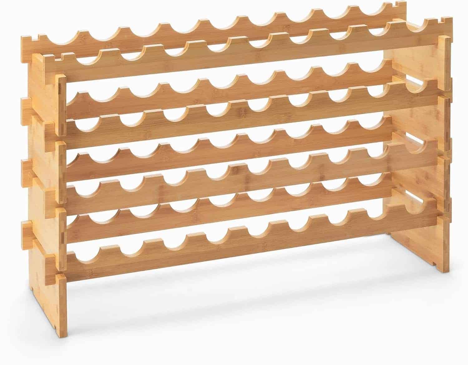 A wooden wine rack with five horizontal rows, each row designed to hold multiple wine bottles, standing on a white background.
