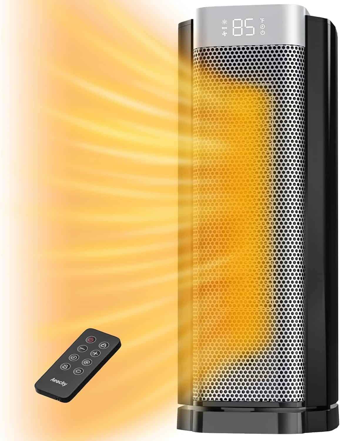 A black tower space heater with digital display emits warm air, shown by orange-yellow waves, and is accompanied by a black remote control.