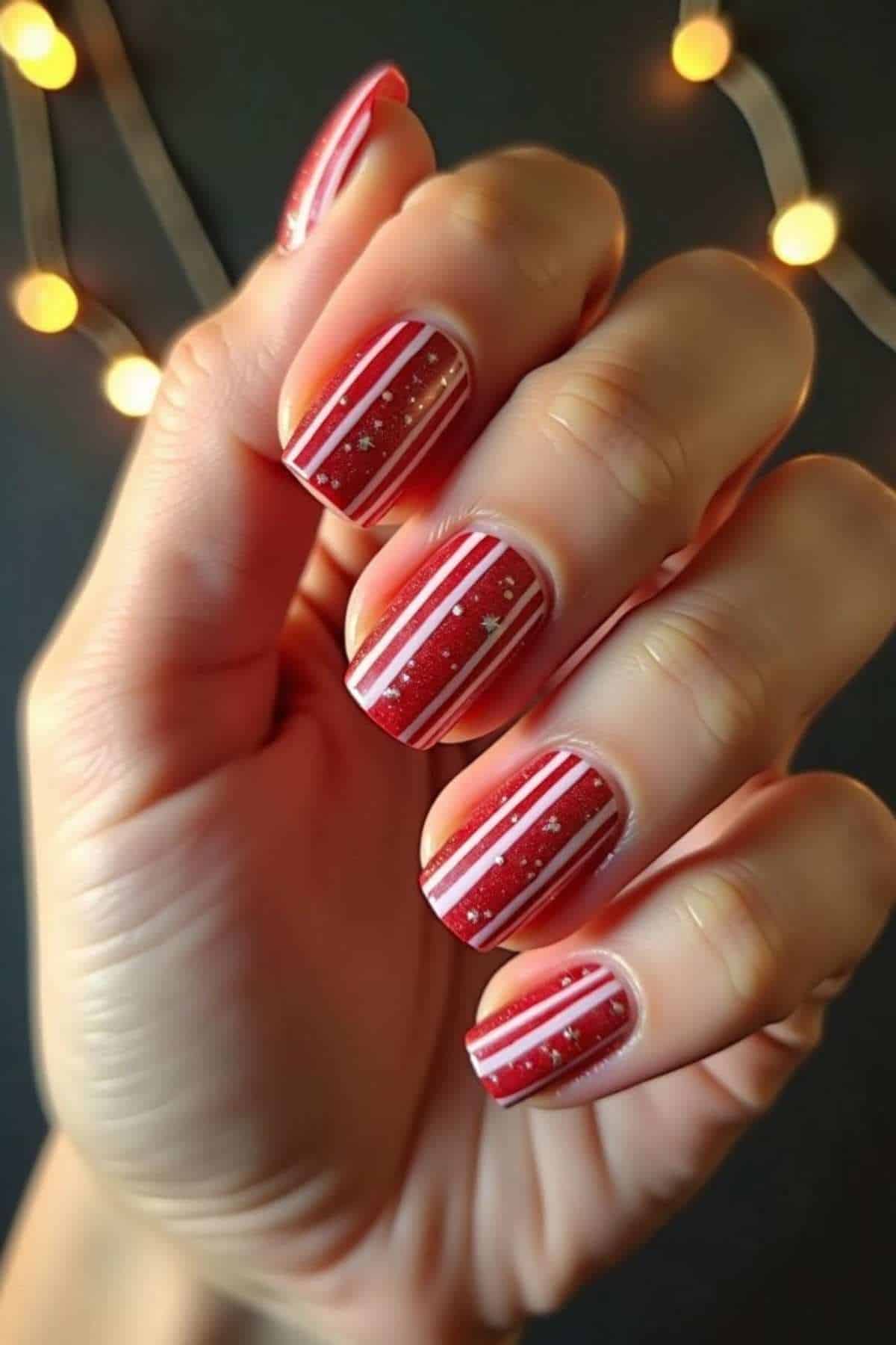 A hand with red nail polish featuring vertical white stripes and small gold star designs, shown against a dark background with round lights.
