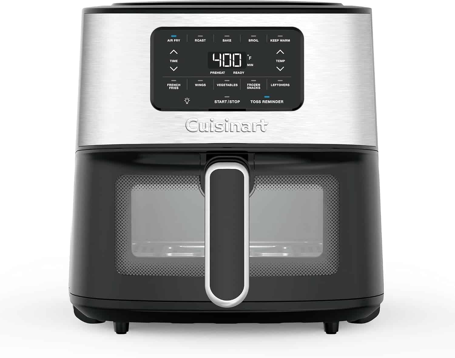 A stainless steel and black Cuisinart air fryer with a digital control panel displaying 400°F and various cooking options.