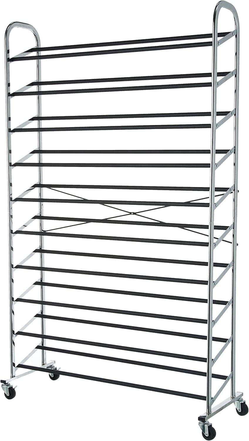 A tall, metal shoe rack with multiple tiers and four wheels at the base for mobility.