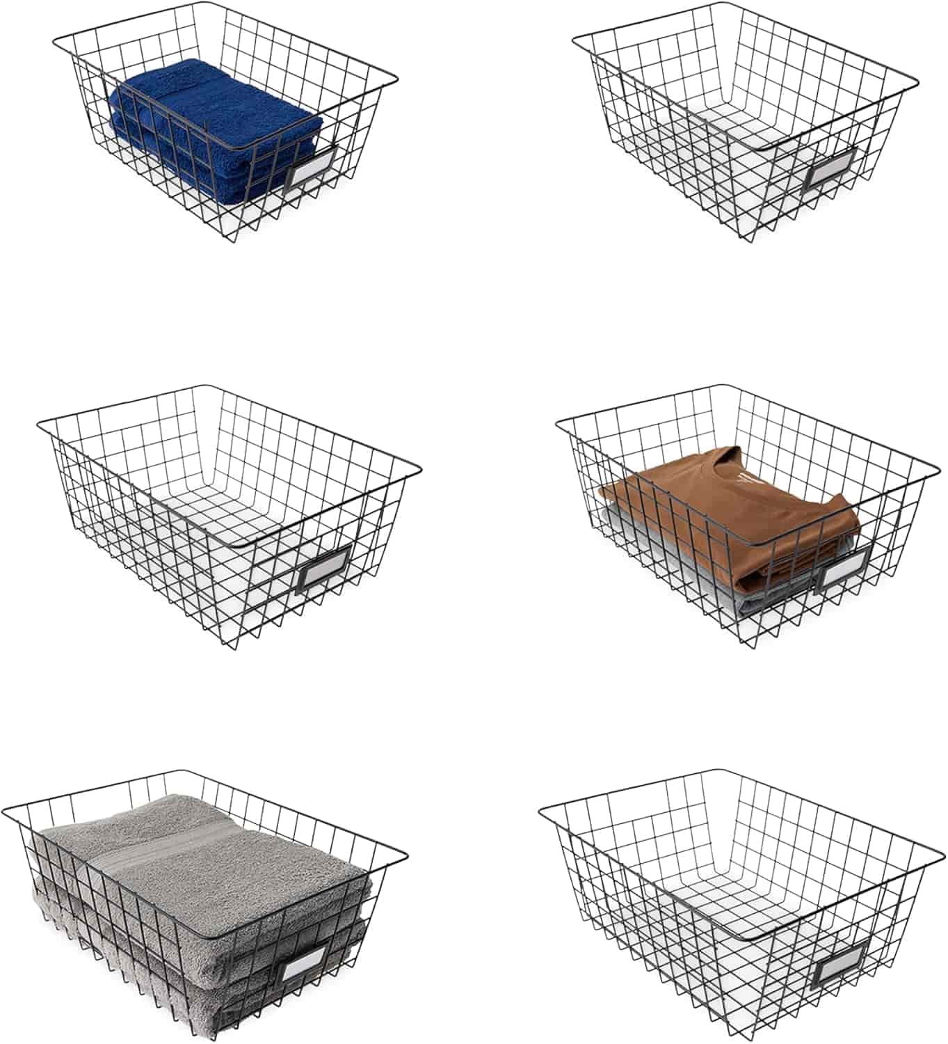 Six wire storage baskets are arranged in two columns and three rows; three baskets contain folded towels while the other three are empty.