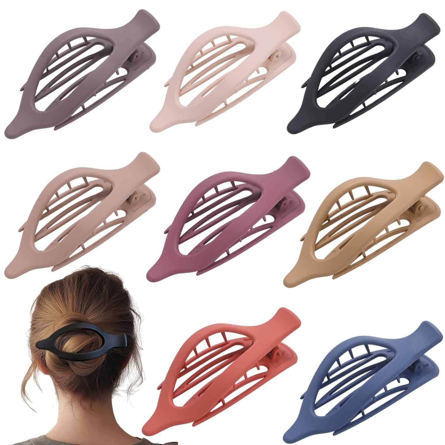 Nine matte-finish hair clips in various colors are displayed, with one clip shown securing hair on a person's head in the bottom left corner.
