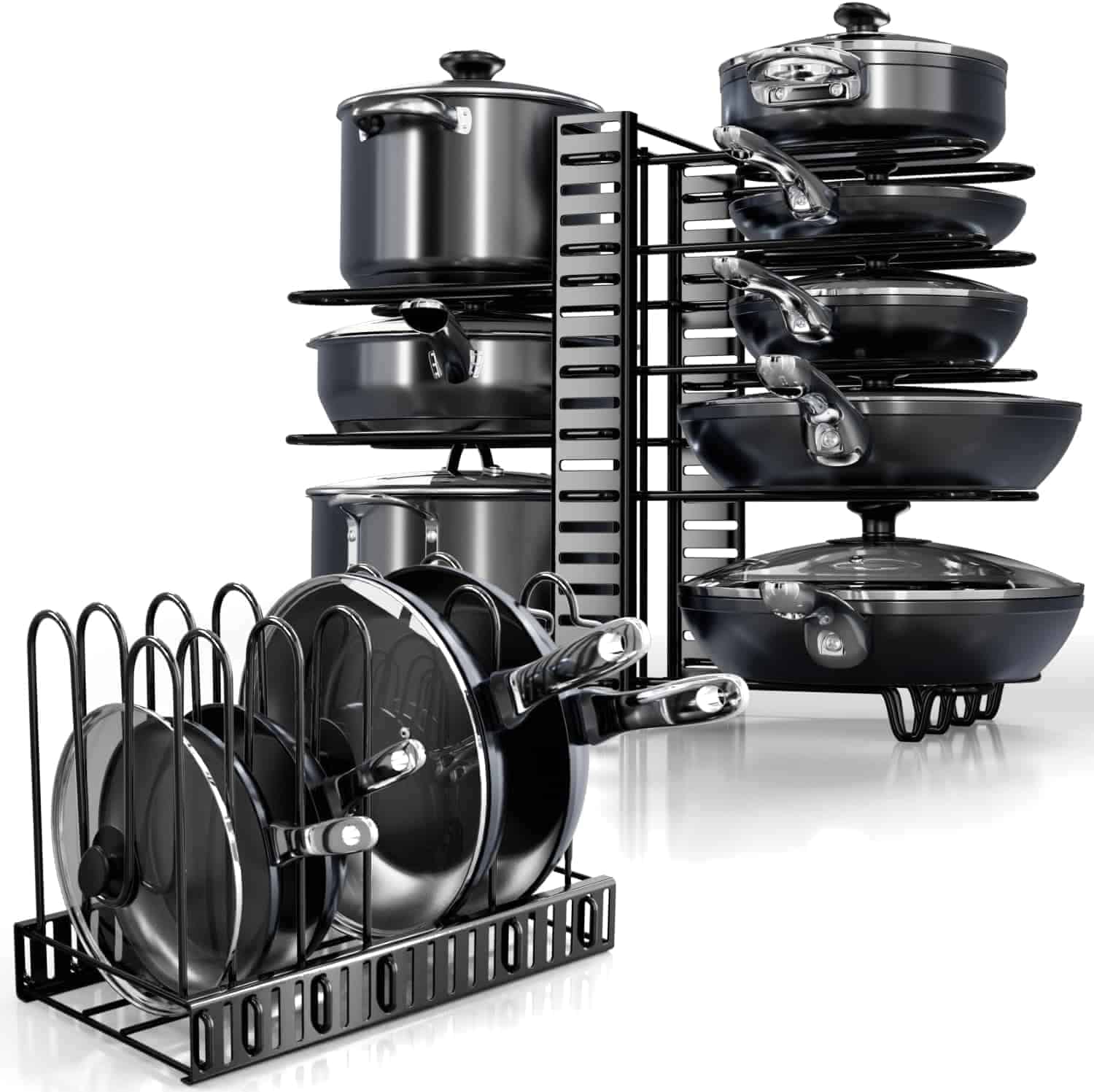 Two racks holding various pots and pans; one vertical rack with stacked cookware, and one horizontal rack with lids and pans organized side by side.