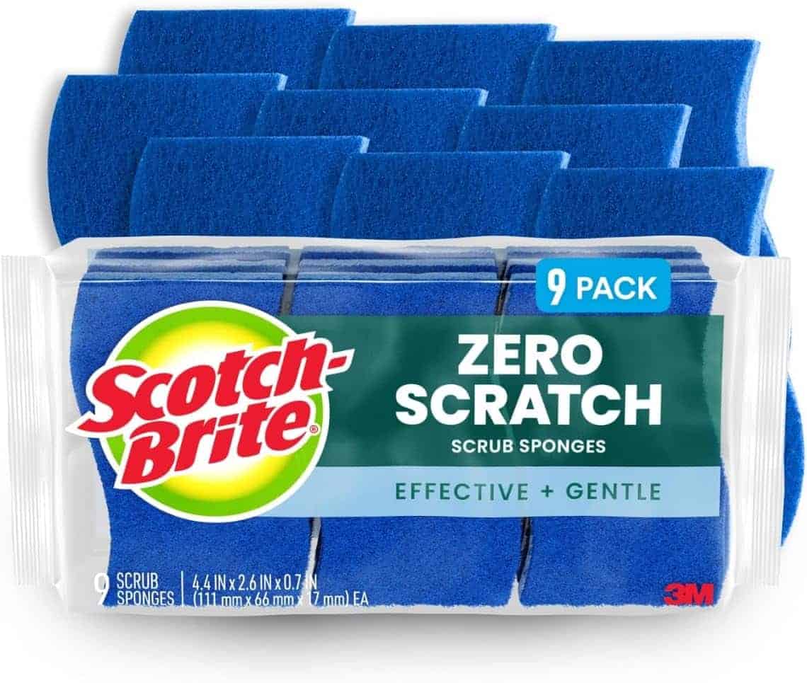 A pack of nine blue Scotch-Brite Zero Scratch scrub sponges in plastic packaging, labeled "Effective + Gentle.