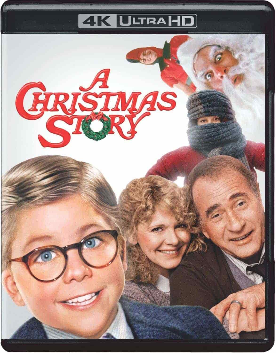Cover of the 4K Ultra HD edition of "A Christmas Story," featuring a smiling boy with glasses, two adults, and characters dressed as Santa and in winter gear in the background.
