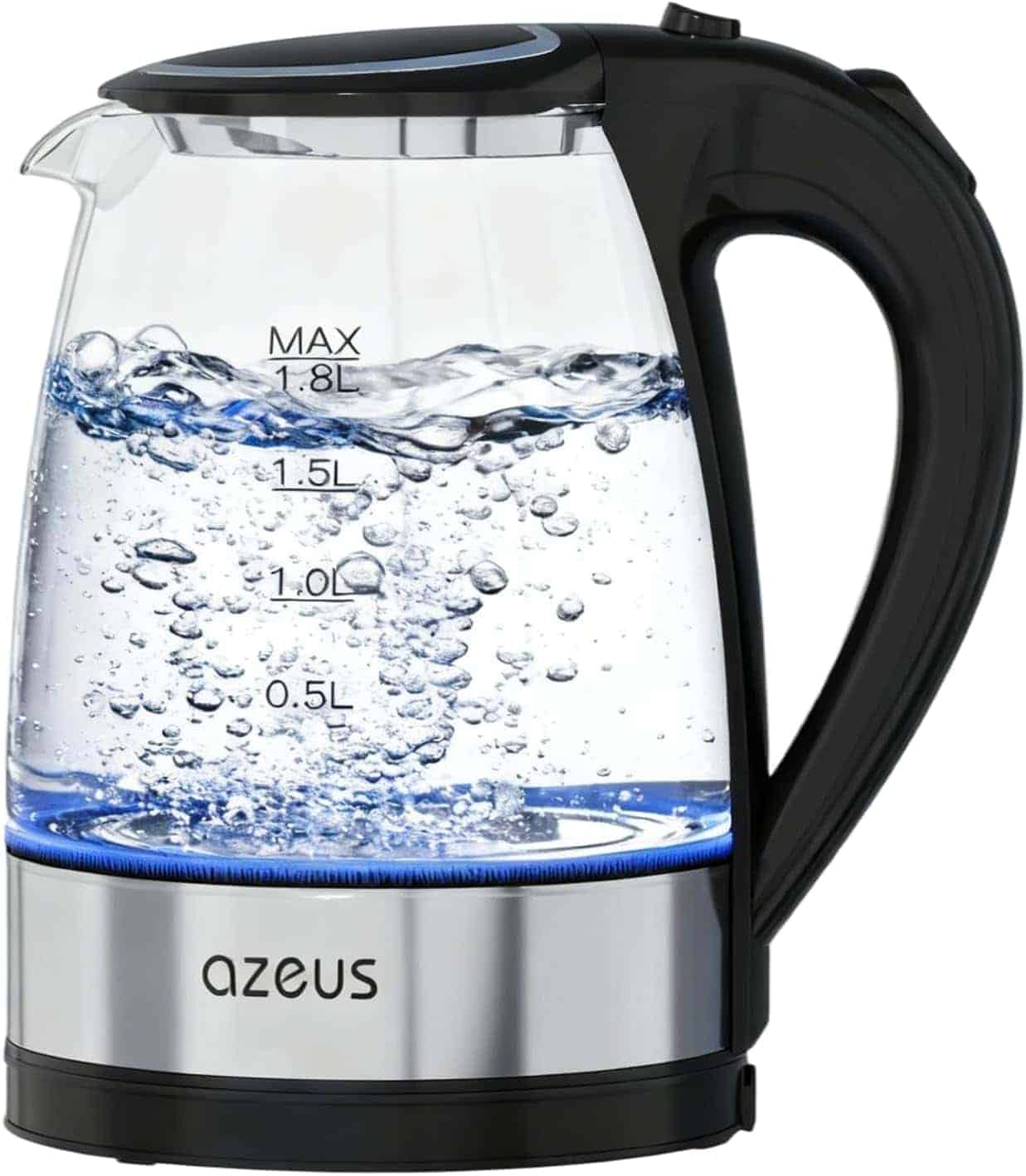 A transparent electric kettle labeled "azeus" is boiling water, with measurement markings up to 1.8 liters and a blue LED light at the base.