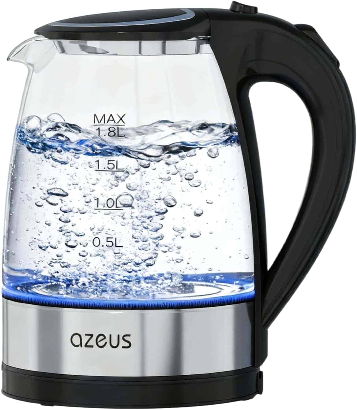 A glass electric kettle with black handle, stainless steel base, and measurement markings, filled with boiling water and illuminated by blue light.