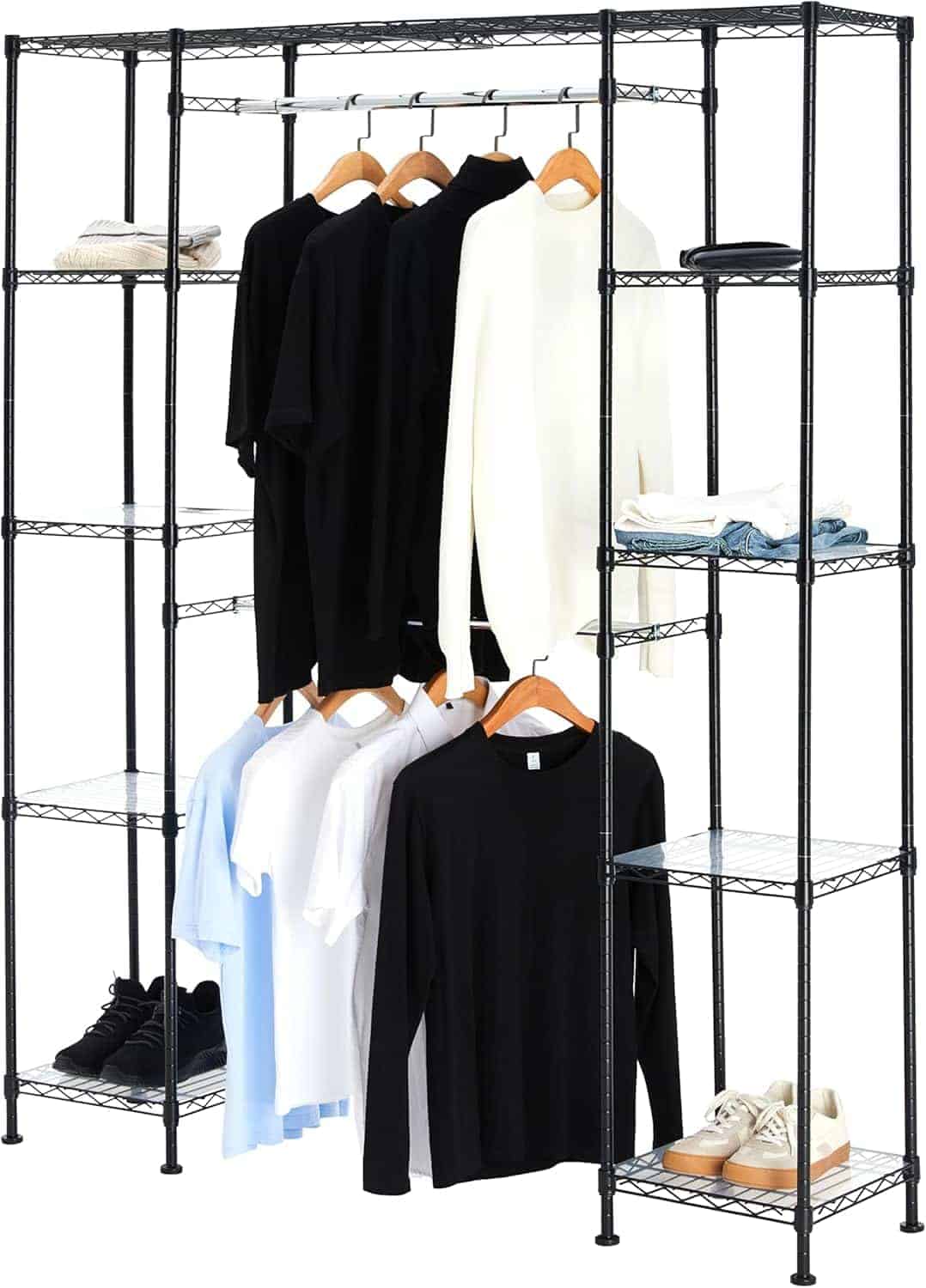 Black metal garment rack with shelves, holding shoes, folded clothes, and hanging shirts in black, white, and light blue colors.