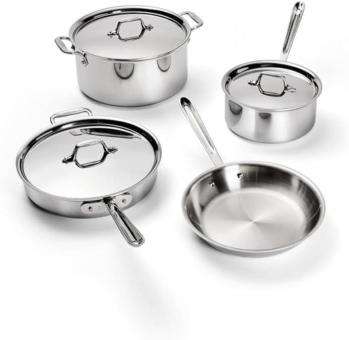 Four pieces of stainless steel cookware set, including a stock pot, sauté pan, saucepan, and frying pan, each with handles and lids, placed on a white background.