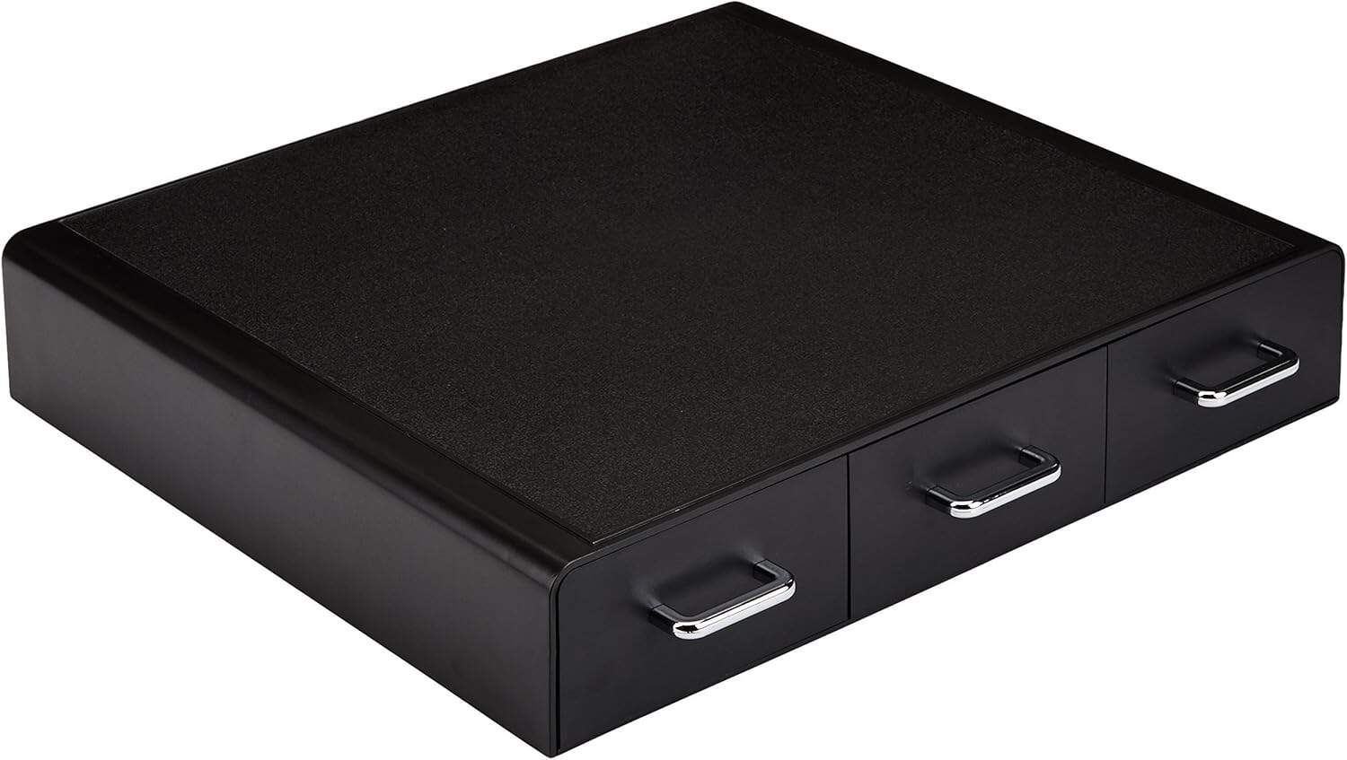 A black, rectangular drawer organizer with three pull-out drawers, each featuring a silver handle.