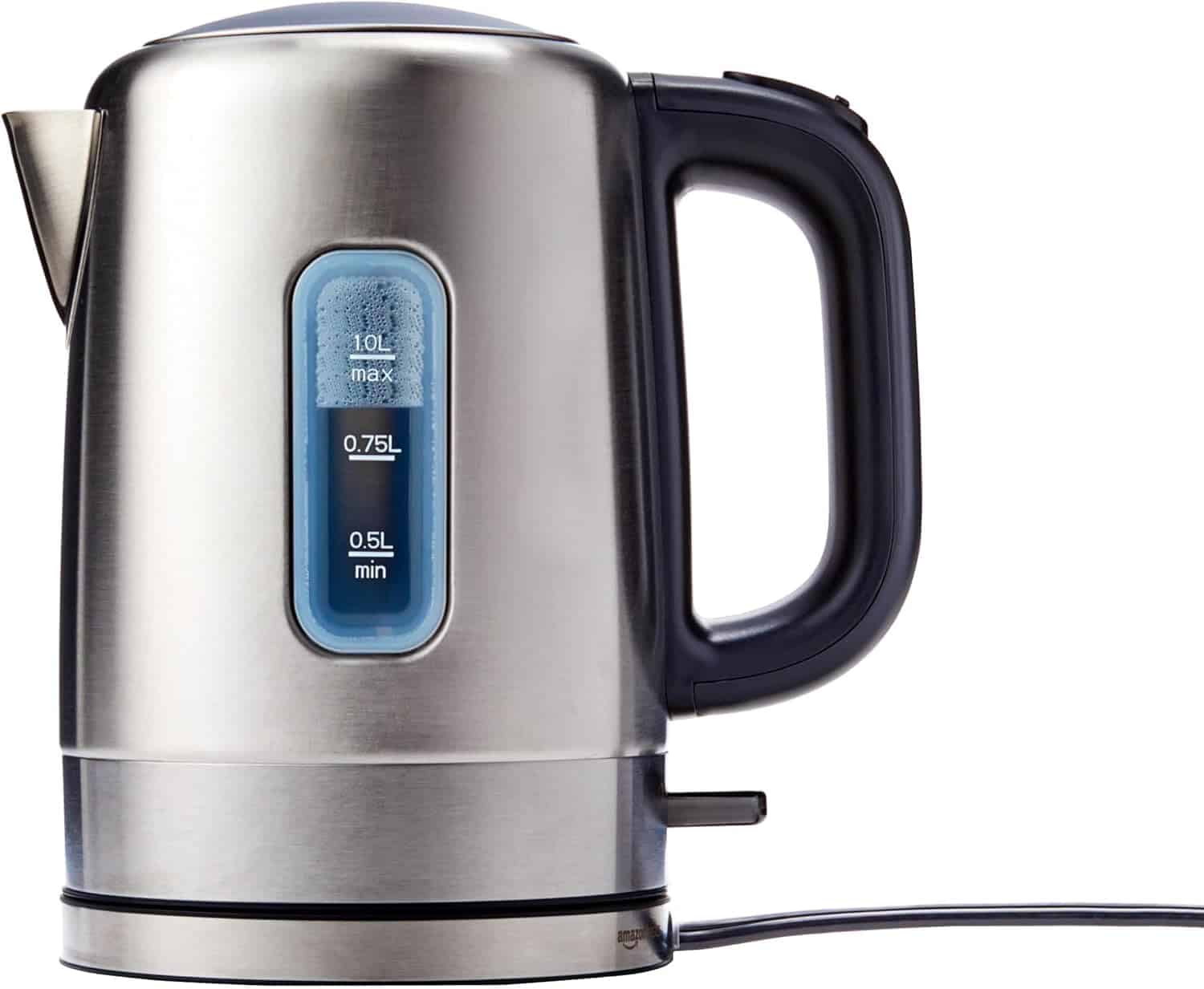 A stainless steel electric kettle with a black handle and a water level indicator showing measurements from 0.5L to 1.0L, plugged in and resting on its base.