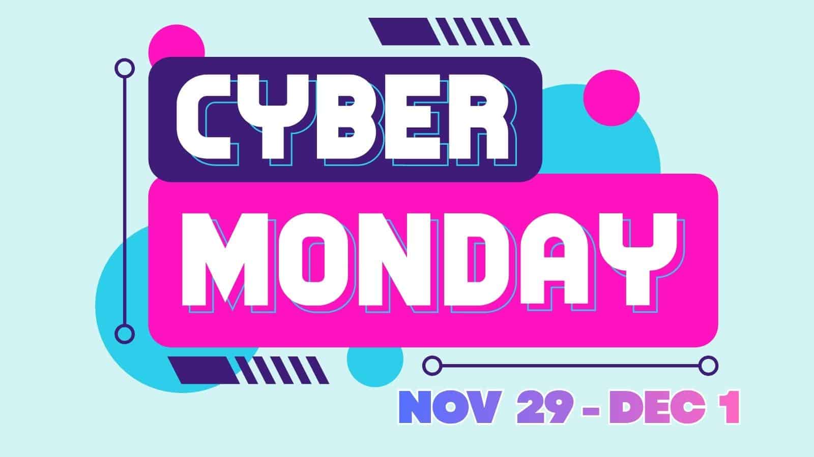 Cyber Monday sale advertisement with bold text and bright colors, stating the event runs from November 29 to December 1.