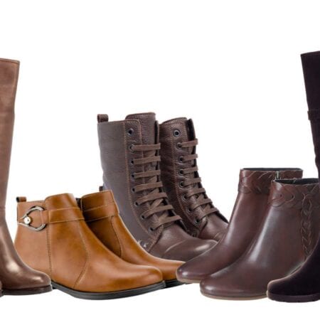 A row of six pairs of women's boots in various styles and shades of brown and black, including ankle, lace-up, and knee-high designs, displayed on a white background.