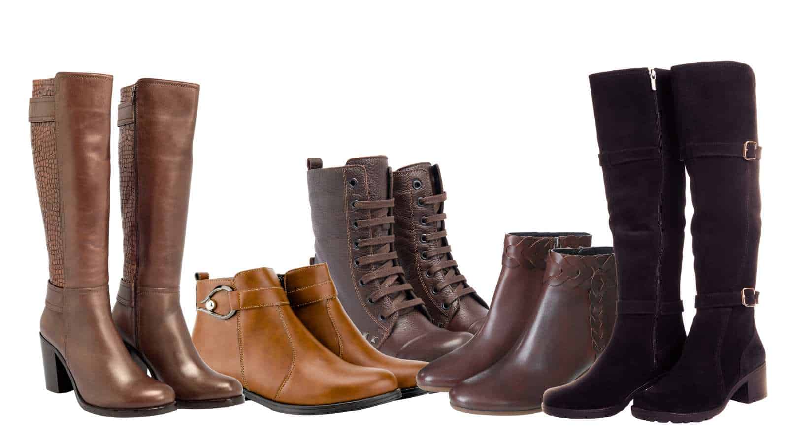 A row of six pairs of women's boots in various styles and shades of brown and black, including ankle, lace-up, and knee-high designs, displayed on a white background.
